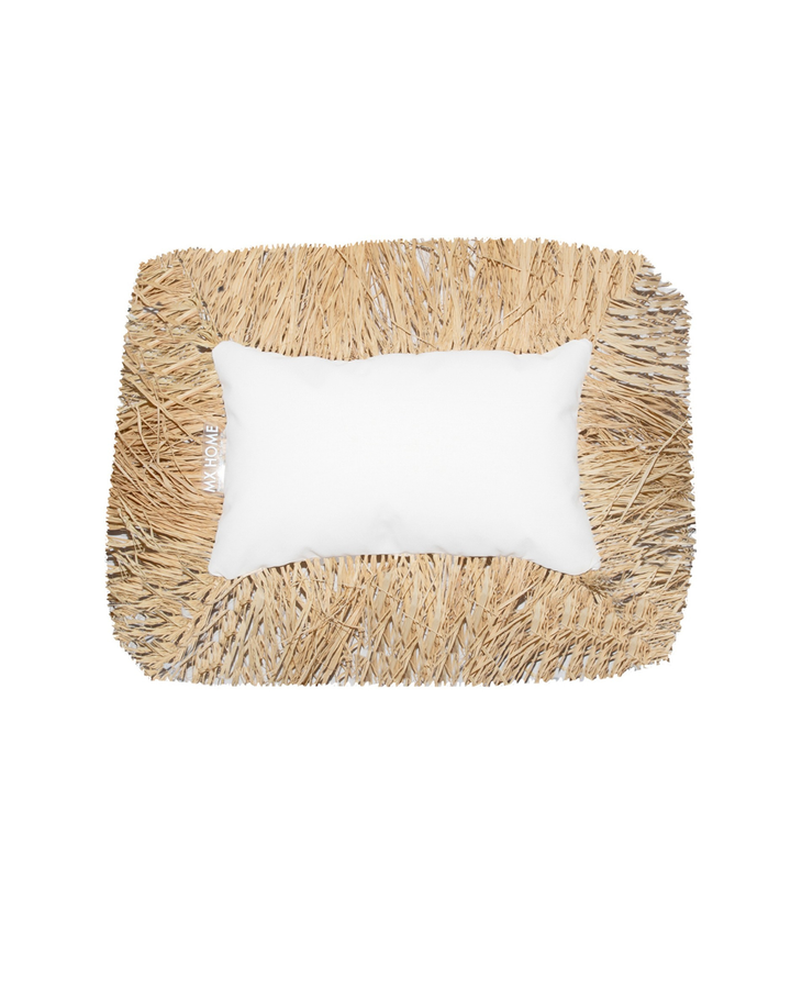 Coussin rectangulaire - Blanc nid d'abeille avec franges en raphia