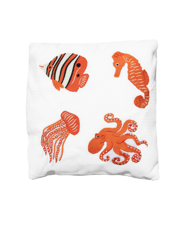 Coussin - Blanc raphia - Broderies poissons oranges