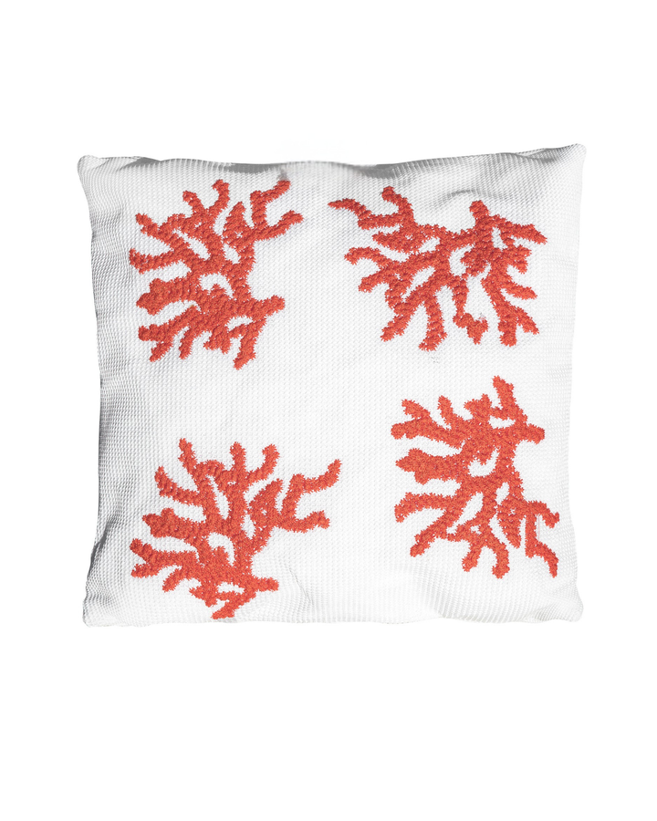 Coussin - Blanc raphia - Broderies corail oranges