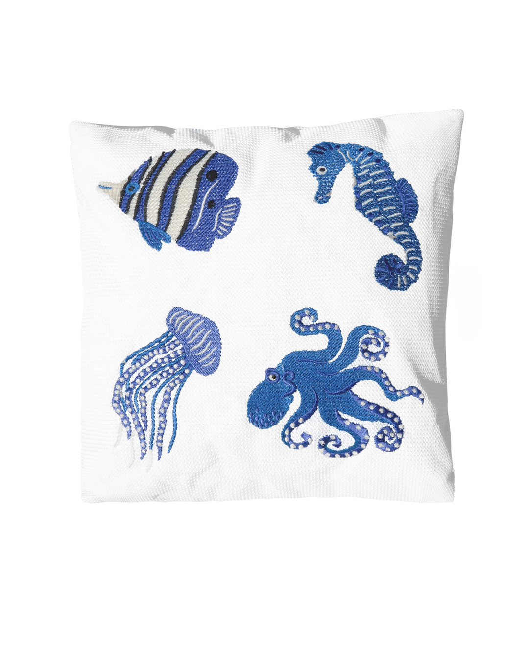 Coussin - Blanc raphia - Broderies poissons bleus