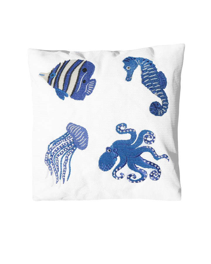 Coussin - Blanc raphia - Broderies poissons bleus