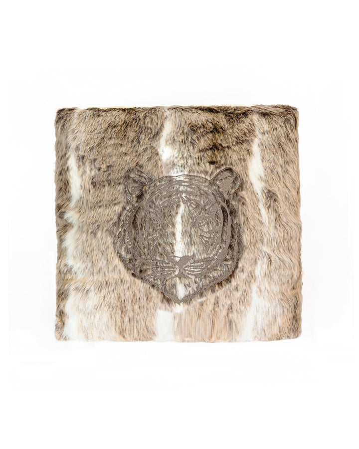 Embroidered faux fur cushion brown