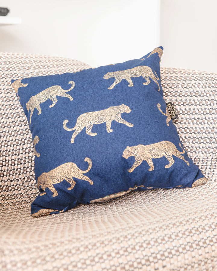 Leopard Print Cotton Cushion - Blue and Gold