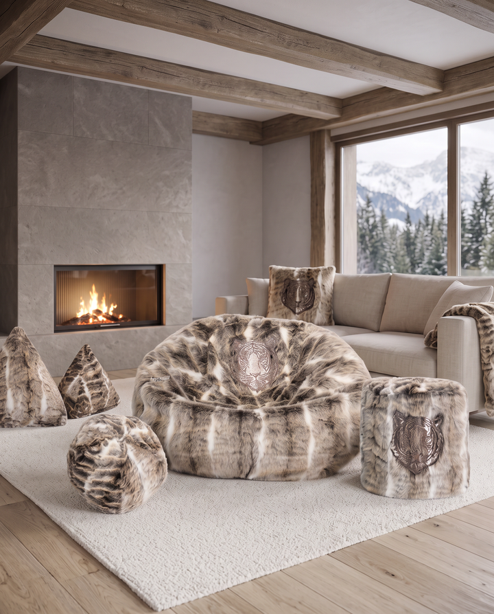 Pouf XL brodé en fausse fourrure Marron