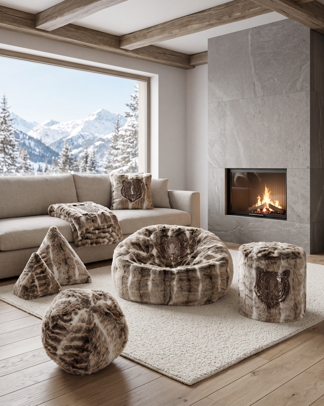 Faux fur pyramid cushion brown