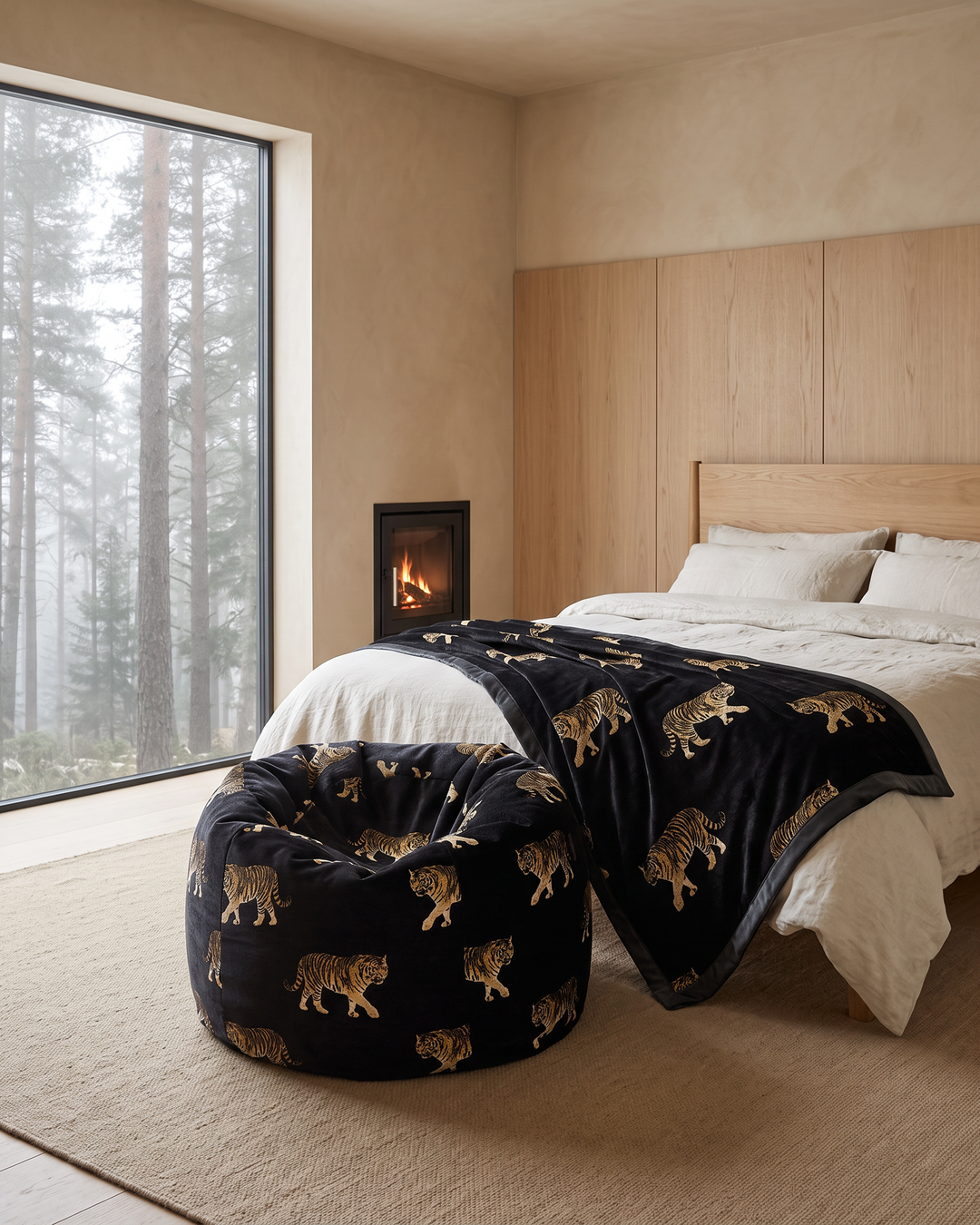 Plaid en velours noir brodés tigres
