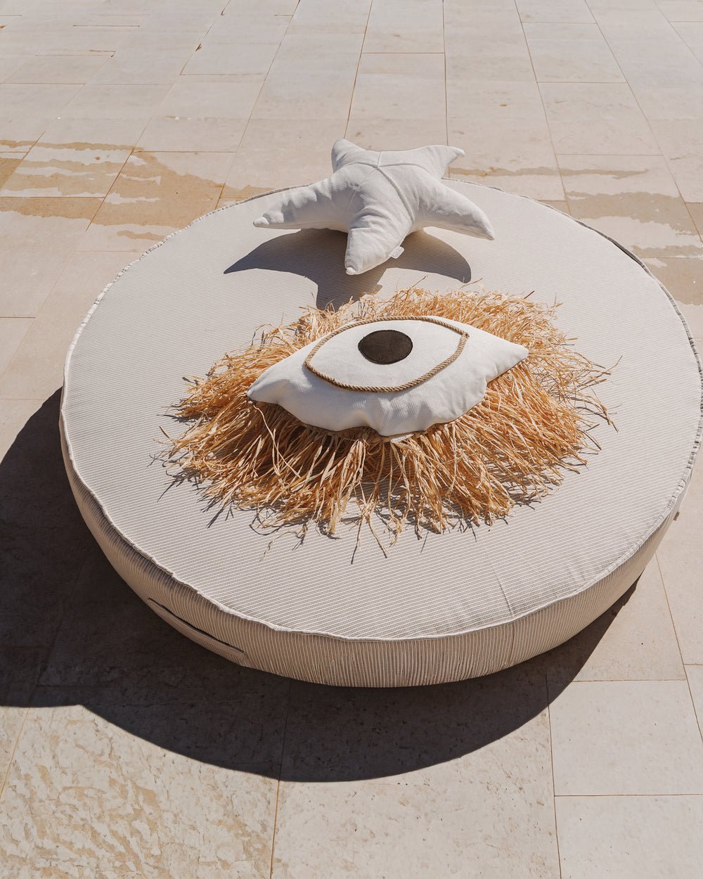 Lit rond en mousse - Tissu natté - Blanc et beige - MXHOME