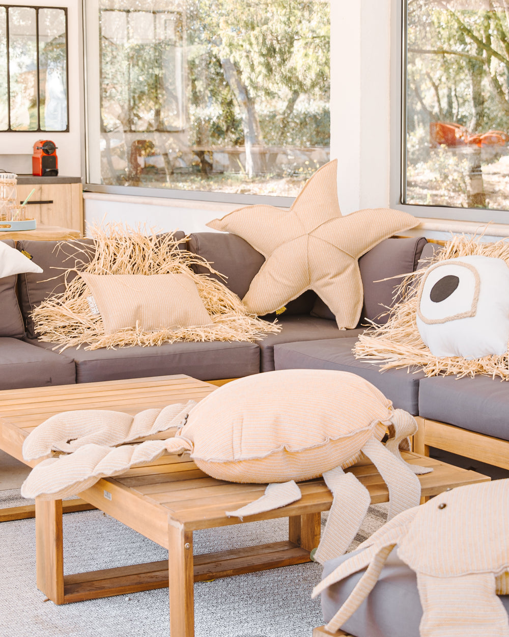 Coussin rectangulaire - Tissu effet raphia et franges en raphia - MXHOME