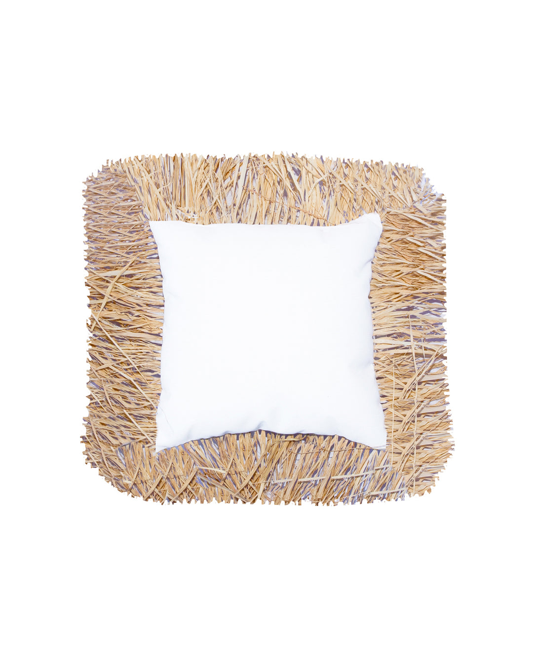 Coussin carré - Tissu blanc et franges en raphia - MXHOME