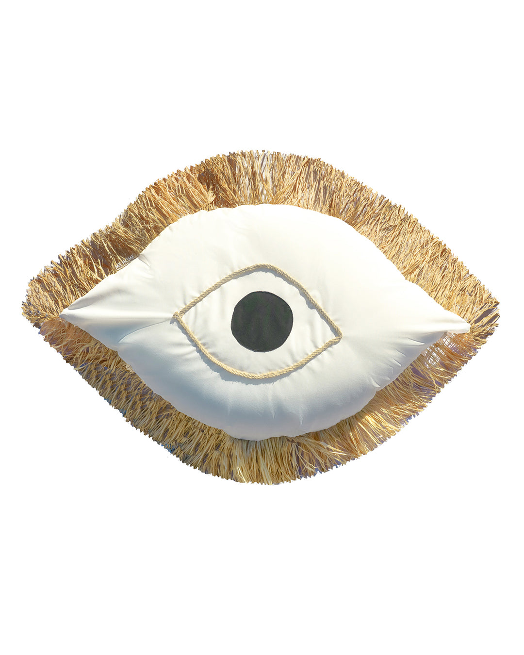 Pouf XL Oeil grec - Tissu blanc avec franges en raphia - MXHOME