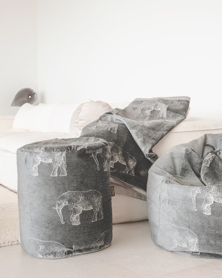 Gray velvet stool with elephant embroidery