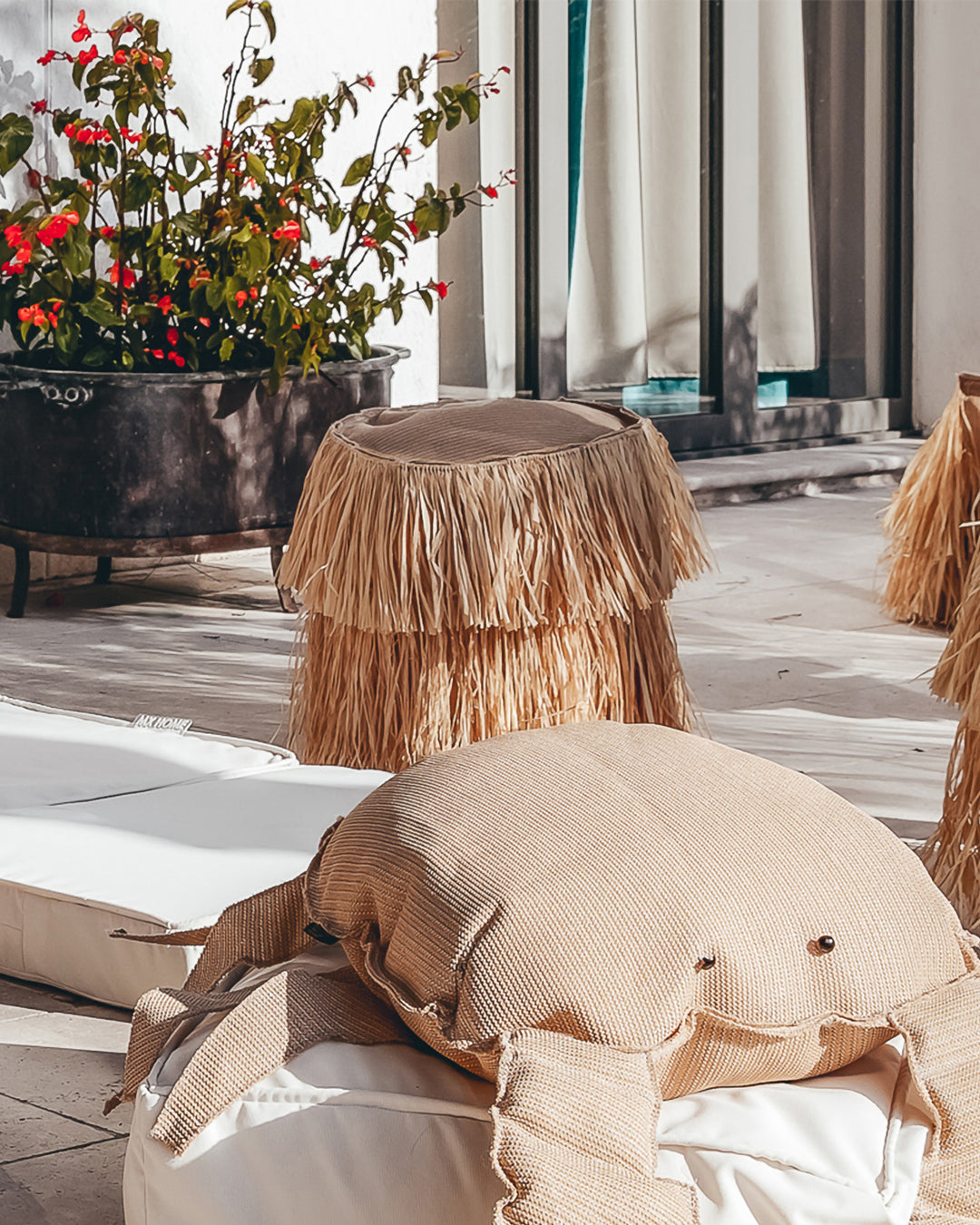 Tabouret extérieur rond - Effet raphia avec franges - MXHOME