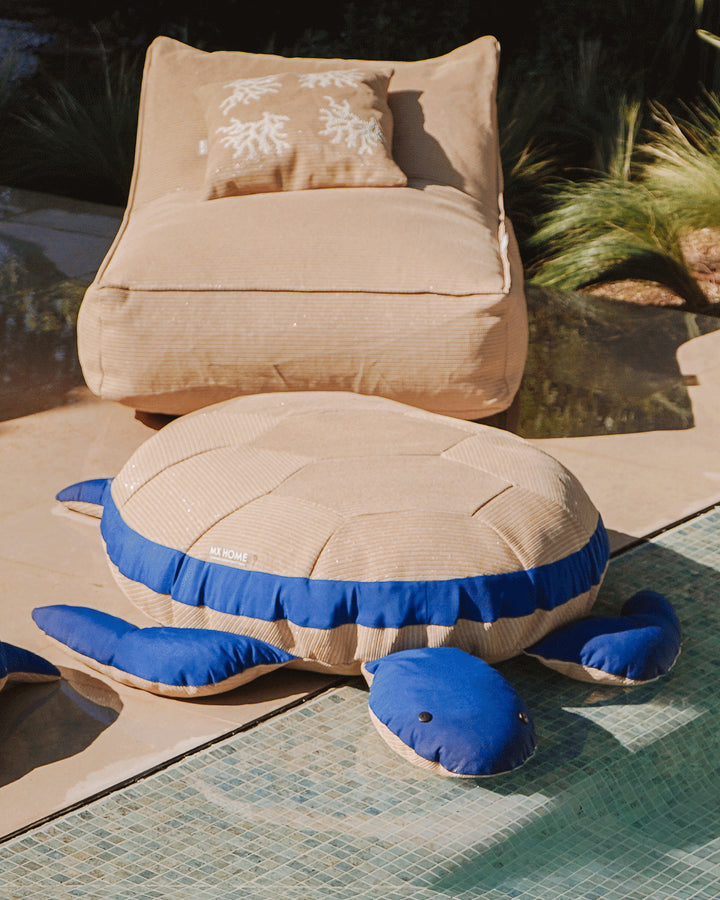 Pouf XL flottant tortue -Effet raphia et bleu - MXHOME